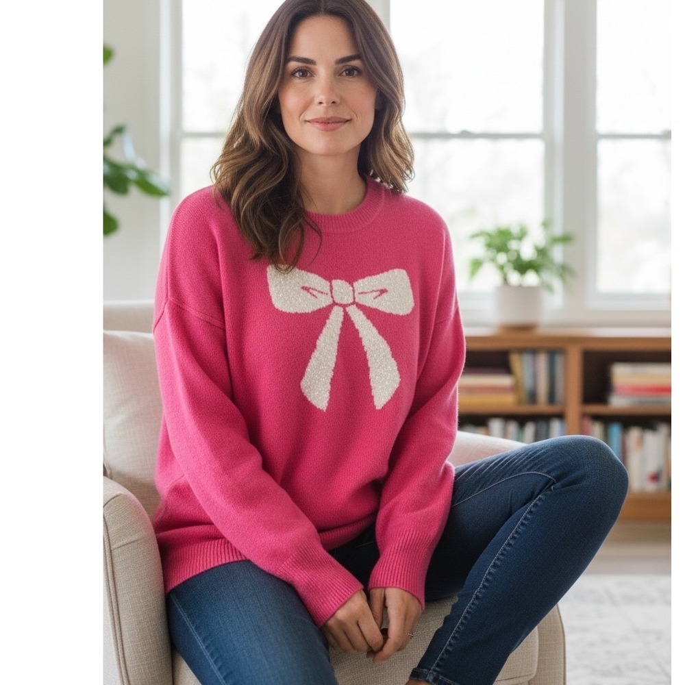 CeCe Hot Pink Bow Knit‎ Sweater Women's Small, Acrylic Blend NWT Valentine's Day - Picture 2 of 9
